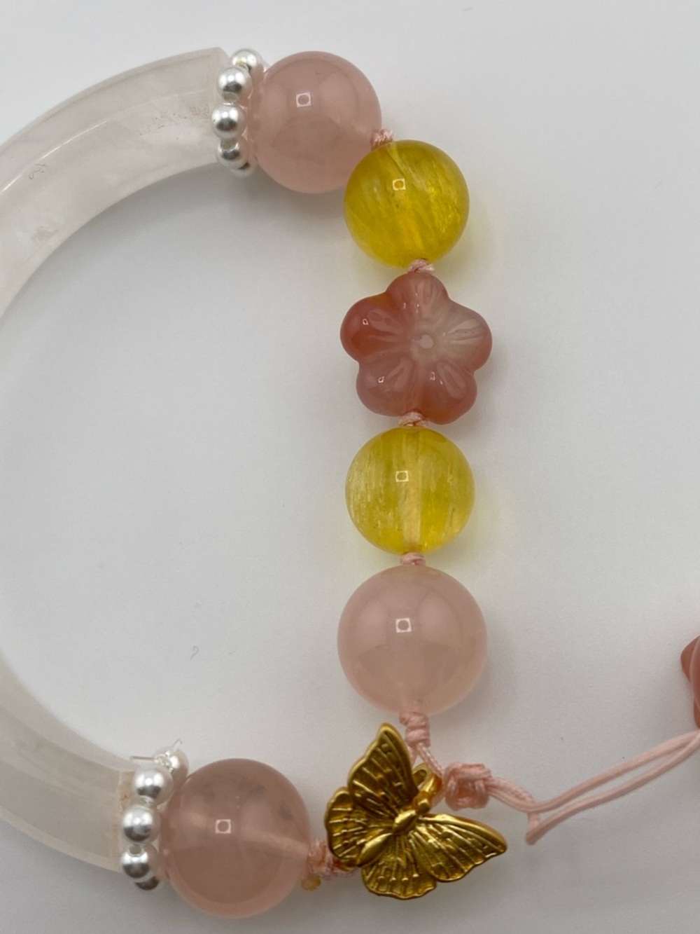 Pink and Yellow Beaded Flower Charm Bracelet with Gold Butterfly Accent - Picture 12 of 12